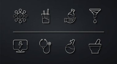 Set line Virus Lightning bolt Funnel or filter Test tube Stethoscope Laboratory glassware Mortar and pestle and icon. Vector.