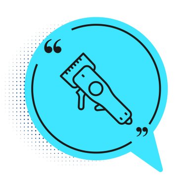 Beyaz arka planda siyah çizgi elektrikli saç kırpıcısı ya da traş ikonu var. Berber dükkanı sembolü. Mavi konuşma balonu sembolü. Vektör.