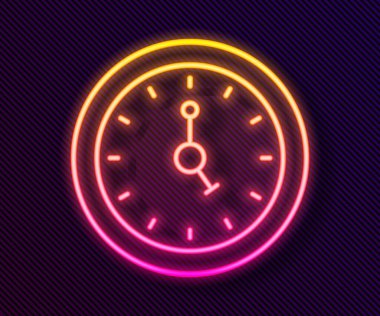 Parlayan neon çizgi saat simgesi siyah arkaplanda izole edildi. Zaman sembolü. Vektör.