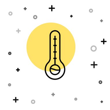 Siyah çizgi Meteoroloji termometresi beyaz zeminde izole edilmiş ısı ve soğuk ikonu ölçüyor. Termometre termometresi sıcak ya da soğuk hava gösteriyor. Rastgele dinamik şekiller. Vektör.