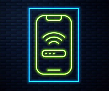 Duvarda izole edilmiş ücretsiz kablosuz bağlantı ikonu olan parlak neon hattı akıllı telefon. Kablosuz teknoloji, kablosuz bağlantı, kablosuz ağ. Vektör.