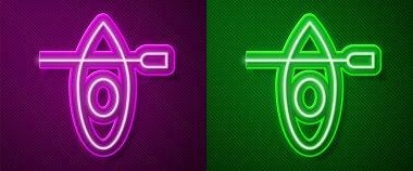 Glowing neon line Kayak and paddle icon isolated on purple and green background. Kayak and canoe for fishing and tourism. Outdoor activities. Vector.