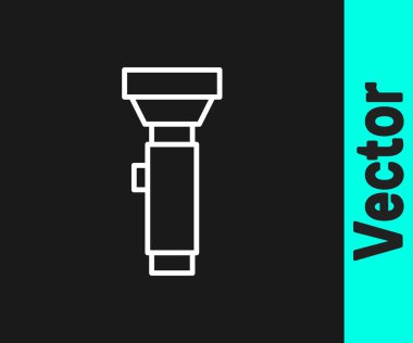 Beyaz çizgi el feneri simgesi siyah arkaplanda izole edildi. Vektör.