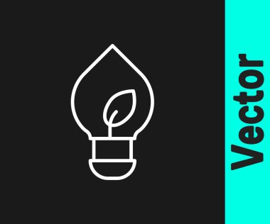 Siyah zemin üzerinde yaprak simgesi olan beyaz çizgi lambası. Çevre enerjisi kavramı. Alternatif enerji kavramı. Vektör.