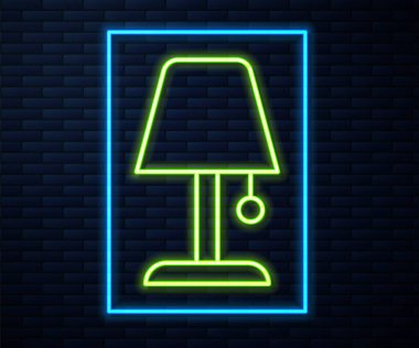 Glowing neon line Table lamp icon isolated on brick wall background. Night light. Vector.