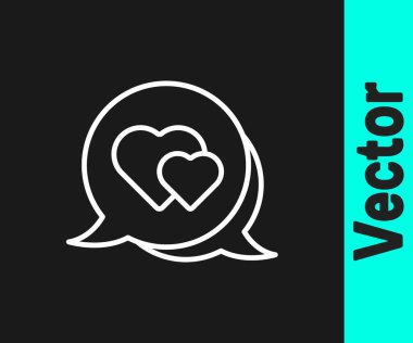 Konuşma baloncuğu simgesindeki beyaz çizgi Kalbi siyah arkaplanda izole edildi. Sevgililer günün kutlu olsun. Vektör.