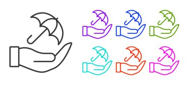 Beyaz zemin üzerinde siyah çizgi şemsiyesi olan el simgesi izole edildi. Sigorta konsepti. Su geçirmez ikon. Koruma, güvenlik, güvenlik kavramı. Simgeleri renklendirin. Vektör.