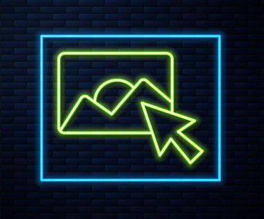 Parlayan neon çizgisi. Fotoğraf rötuşlama simgesi. Duvarın arka planında izole edilmiş. Fotoğrafçı, fotoğrafçılık, rötuş ikonu. Vektör.