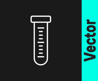 Beyaz çizgi test tüpü ve siyah arkaplanda izole edilmiş kimyasal test ikonu. Laboratuvar cam levhası. Vektör.