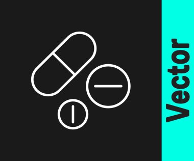 Siyah arka planda beyaz çizgi ilaç veya tablet ikonu var. Kapsül hapı ve uyuşturucu işareti. Eczane tasarımı. Vektör.