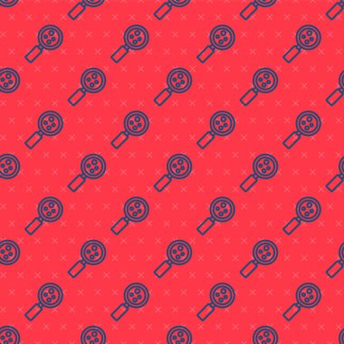 Büyüteç simgesi altında mavi çizgi mikroorganizmalar kırmızı arkaplanda izole edilmiş pürüzsüz desen. Bakteri ve mikroplar, hücre kanseri, mikrop, virüs, mantar. Vektör.