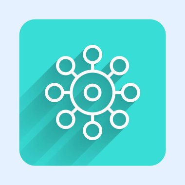 White line Virus icon isolated with long shadow background. Corona virus 2019-nCoV. Bacteria and germs, cell cancer, microbe, fungi. Green square button. Vector.