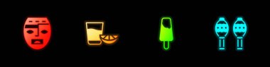 Set Aztec mask, Tequila glass with lemon, Popsicle ice cream and Maracas icon. Vector.