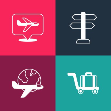 Set pop art Trolley baggage, Globe with flying plane, Road traffic sign and Plane icon. Vector.