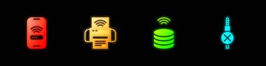 Set Mobile with wi-fi wireless Smart printer system data server and No audio jack icon. Vector.