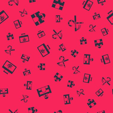 Set Egyptian house Eye of Horus on monitor and Crook and flail on seamless pattern. Vector.