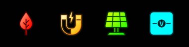 Set Leaf Eco symbol Magnet Solar energy panel and Voltmeter icon. Vector.