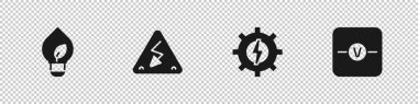 Set Light bulb with leaf High voltage Gear and lightning and Voltmeter icon. Vector.