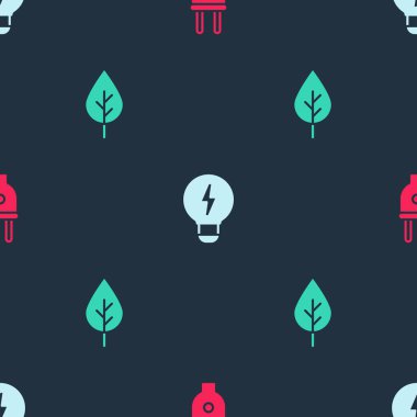 Set Electric plug Creative lamp light idea and Leaf Eco symbol on seamless pattern. Vector.