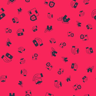 Set Hand holding briefcase Delivery security with shield Money and House lightning on seamless pattern. Vector.