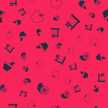 Set Atom Apple Mortar and pestle and Test tube flask on stand on seamless pattern. Vector.