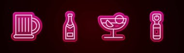 Set line Wooden beer mug, Champagne bottle, Cocktail and Bottle opener. Glowing neon icon. Vector.