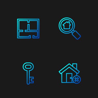 Set line House with wrong mark, key, plan and Search house. Gradient color icons. Vector.