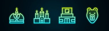 Set line King crown, Church building, Mausoleum of Lenin and Bear head. Glowing neon icon. Vector.