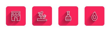 Set line Huehuetl, Cactus, Tequila bottle and Avocado with long shadow. Red square button. Vector.