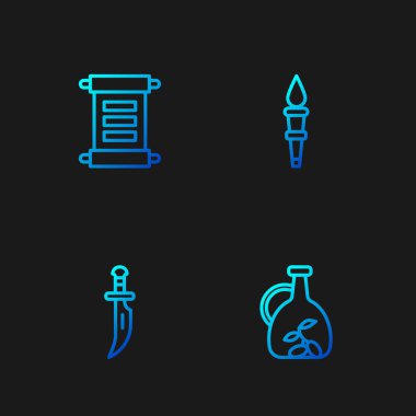 Set line Bottle of olive oil, Dagger, Decree, parchment, scroll and Torch flame. Gradient color icons. Vector.