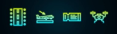 Set line Airport runway, Plane landing, Airline ticket and Drone flying. Glowing neon icon. Vector.