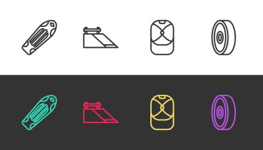 Set line Skateboard deck, park, Baseball cap and bearing on black and white. Vector.