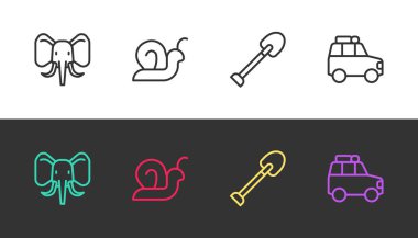 Set line Elephant Snail Shovel and Car on black and white. Vector.