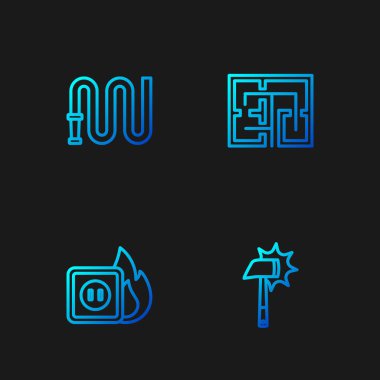 Set line Firefighter axe Electric wiring of socket in fire hose reel and Evacuation plan. Gradient color icons. Vector.
