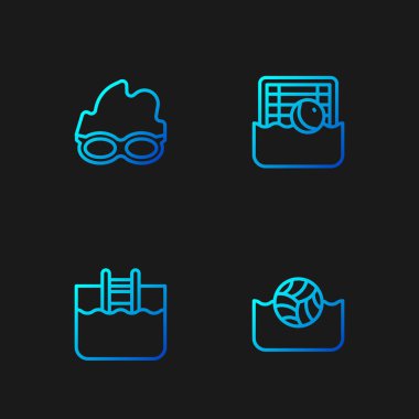 Set line Water polo Swimming pool with ladder Glasses for swimming and . Gradient color icons. Vector.
