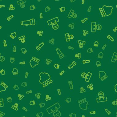 Set line Flashlight Cloud with rain and Barbecue grill on seamless pattern. Vector.