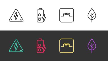 Set line High voltage Battery charge Inductor in electronic circuit and Leaf Eco symbol on black and white. Vector.