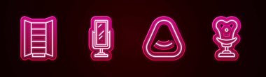 Set line Wardrobe Big full length mirror Pouf and Armchair. Glowing neon icon. Vector.