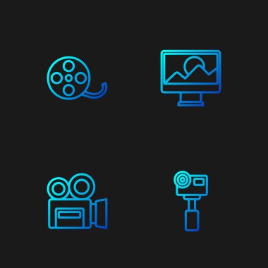 Set line Action extreme camera Retro cinema Film reel and Photo retouching. Gradient color icons. Vector.