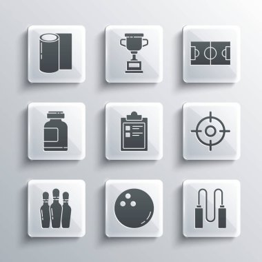 Set Bowling ball Jump rope Target sport Sport training program pin Sports nutrition Fitness mat roll and Football soccer field icon. Vector.