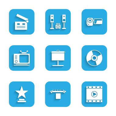 Set Projection screen Limousine car and carpet Play Video CD or DVD disk Movie trophy Retro tv Cinema camera and clapper icon. Vector.