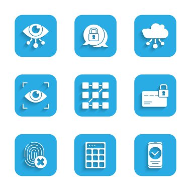 Set Graphic password protection Password Smartphone Credit card with lock Cancelled fingerprint Eye scan Internet of things and icon. Vector.