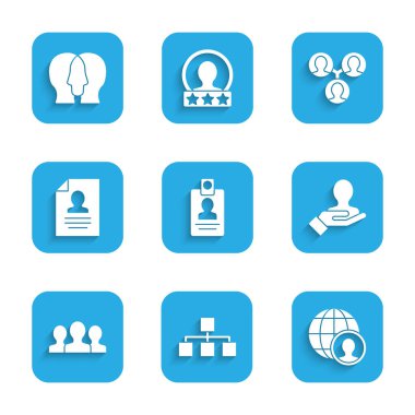 Set Identification badge Hierarchy organogram chart Globe and people Hand for search Users group Resume Project team base and icon. Vector.