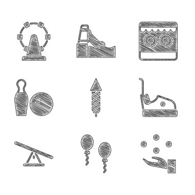 Set Firework rocket Balloons Juggling ball Bumper car Seesaw Bowling pin and Shooting gallery and Ferris wheel icon. Vector.