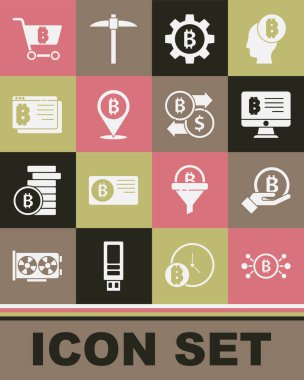 Set Bitcoin in circuit Hand holding Mining bitcoin from monitor Cryptocurrency browser Shopping cart with and exchange icon. Vector.