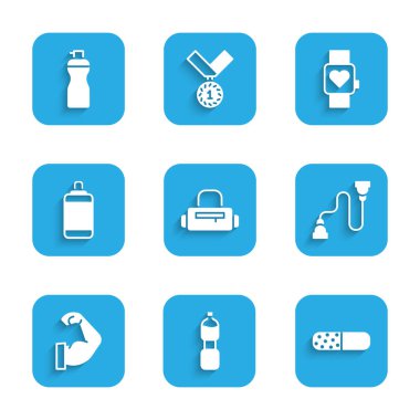 Set Sport bag Bottle of water Vitamin pill Chest expander Bodybuilder muscle Punching Smart watch and Fitness shaker icon. Vector.
