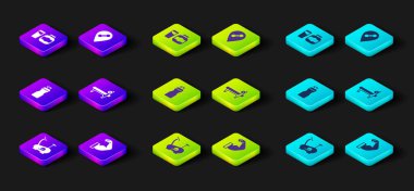 Set Stationary bicycle Bodybuilder muscle Fitness shaker Bench with barbel Location gym and Sports nutrition icon. Vector.