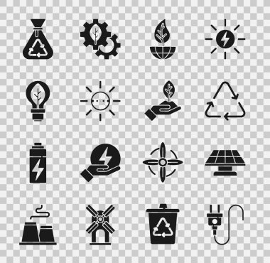 Set Electric plug Solar energy panel Recycle symbol Earth globe and leaf Light bulb with Garbage bag recycle and Plant in hand icon. Vector.