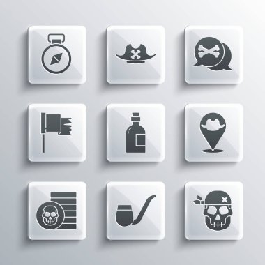 Set Smoking pipe Skull Location pirate Alcohol drink Rum Pirate coin flag Compass and icon. Vector.
