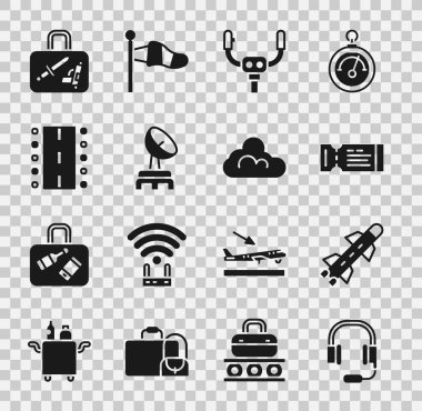 Set Headphones with microphone Rocket Airline ticket Aircraft steering helm Radar Airport runway Suitcase and Cloud weather icon. Vector.